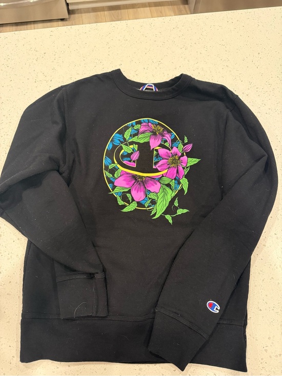 Champion Tops - Womens Champion Black Crewneck Sweatshirt with Pink & Green Floral Logo